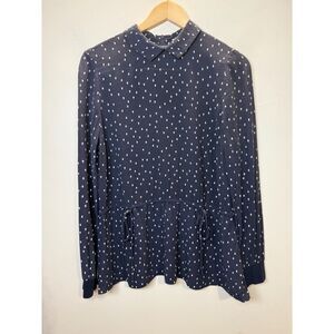 Just Women's Size XS Navy Blouse Top Long Sleeve Spotted Print Back Zip